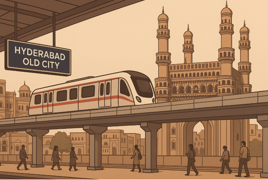 Hyderabad Old City Metro station illustration – Charminar in background, elevated metro rail passing heritage buildings, commuters boarding metro